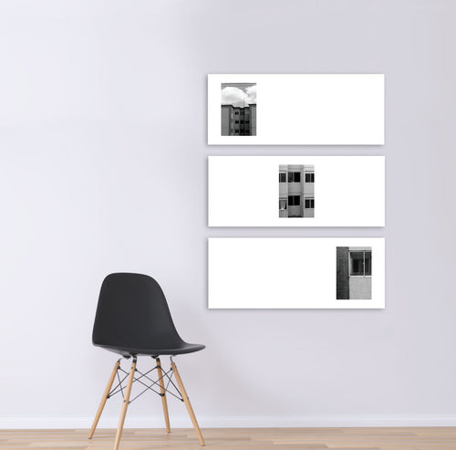 A black and white trio of images of a building, zooming from to skyline to the window