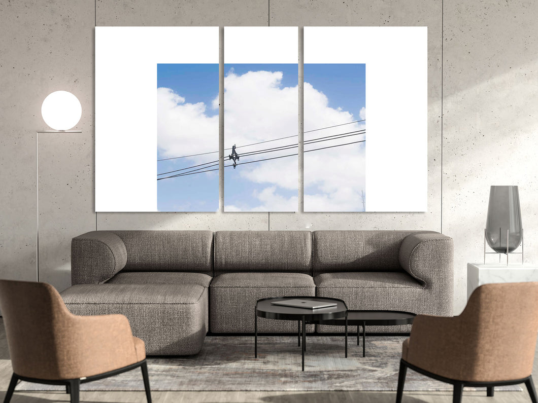 Trio of pictures of a blue sky and clouds with an energy wire in the middle